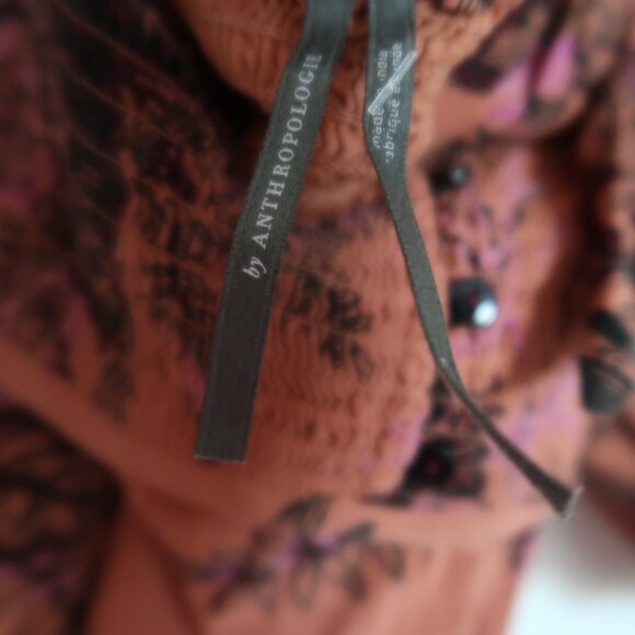 Anthropologie Puff-Sleeve Smocked Dress Midi Floral Orange Size Small - Picture 10 of 12
